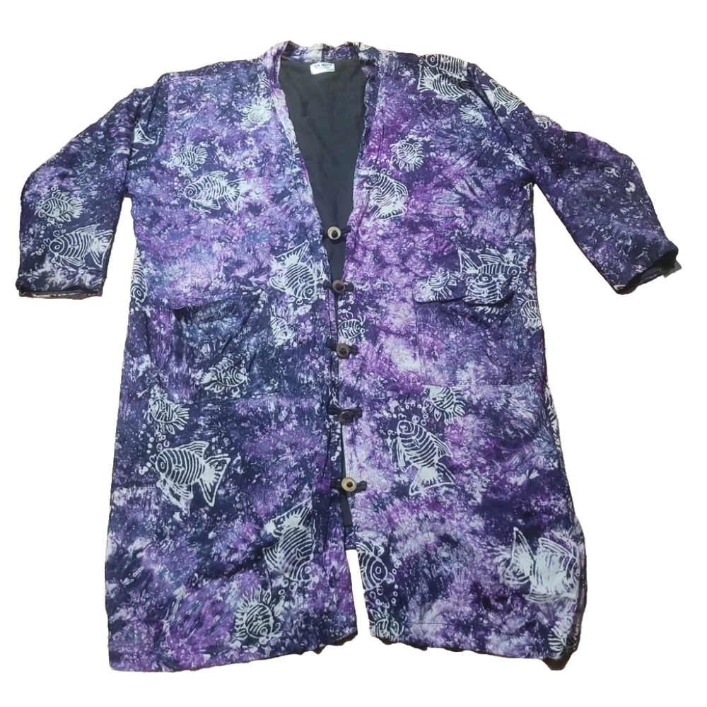 Ok Mike Women FIsh Print Pattern Longsleeves Long Rayon coat Cardigan